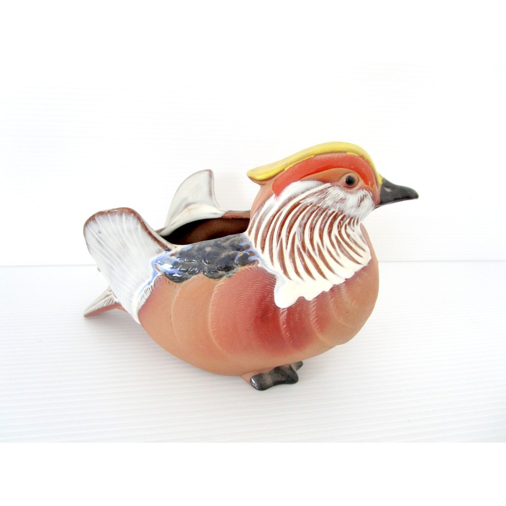 Neiman Marcus Hand Painted Glazed Clay Mandarin Duck Planter Japan Vintage Wings
